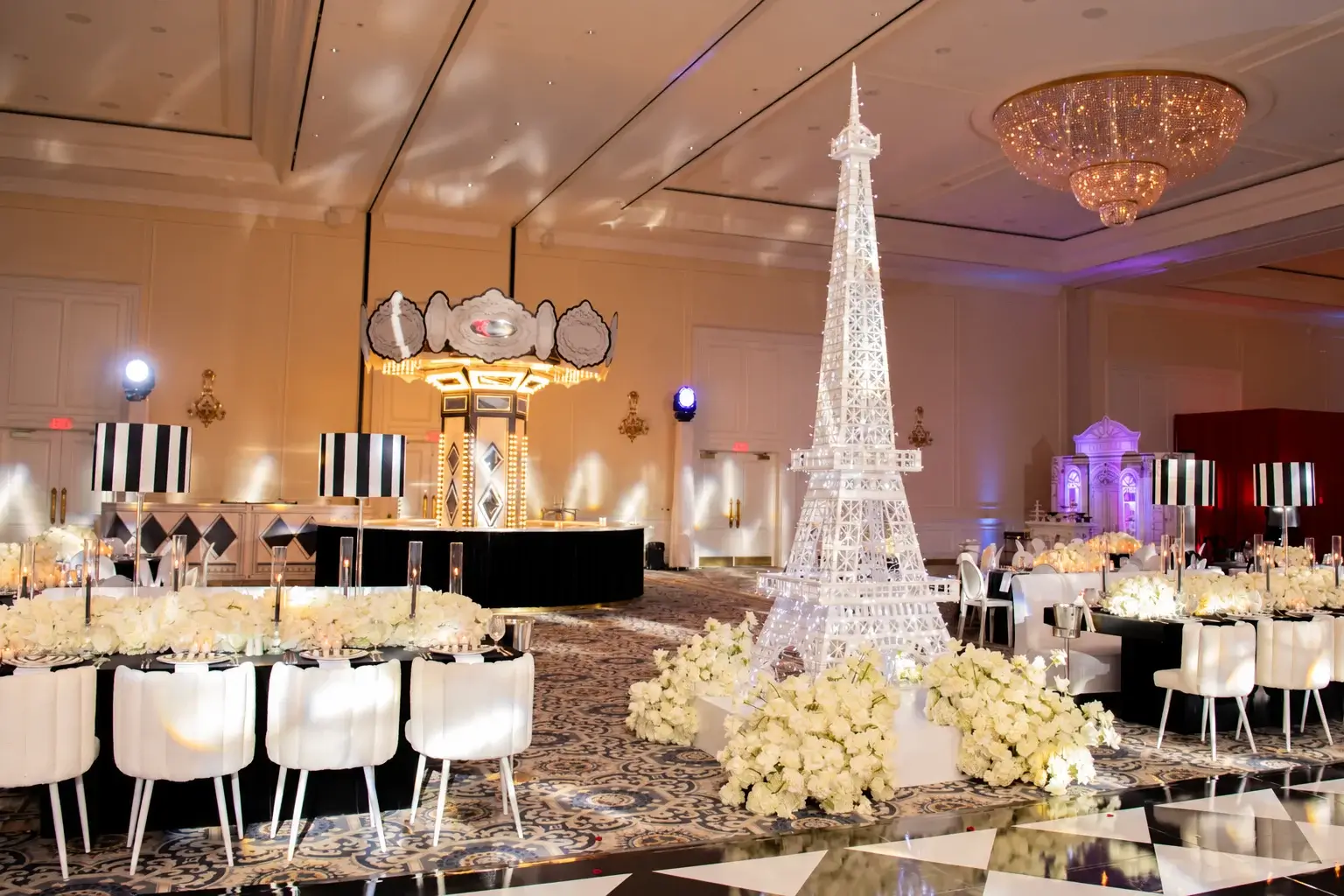 Parisian Ballroom with Glowing Eiffel Tower
